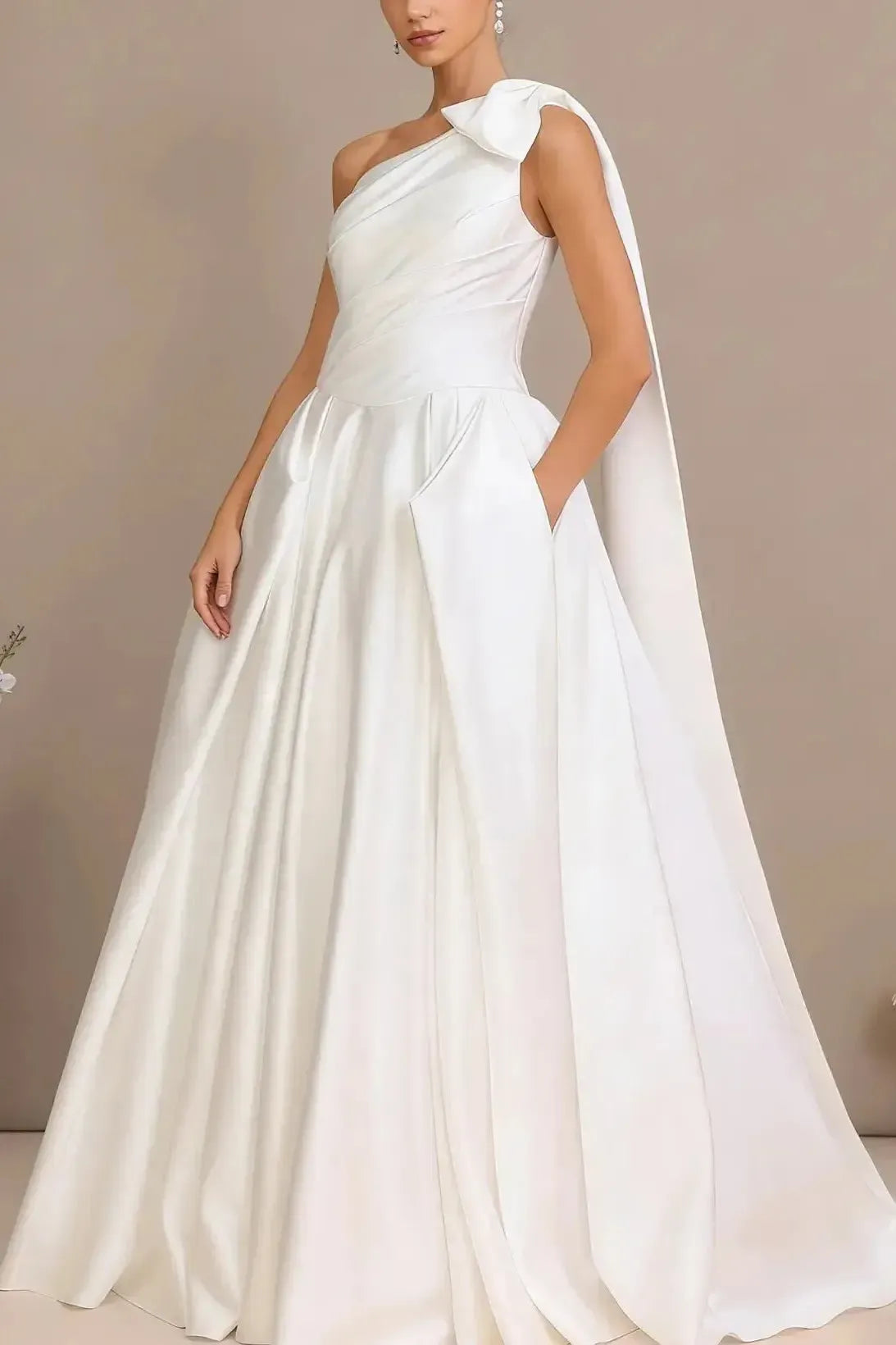 Ball Gown One Shoulder Sleeveless Chapel Train Satin Wedding Dress With Bow Swd13105