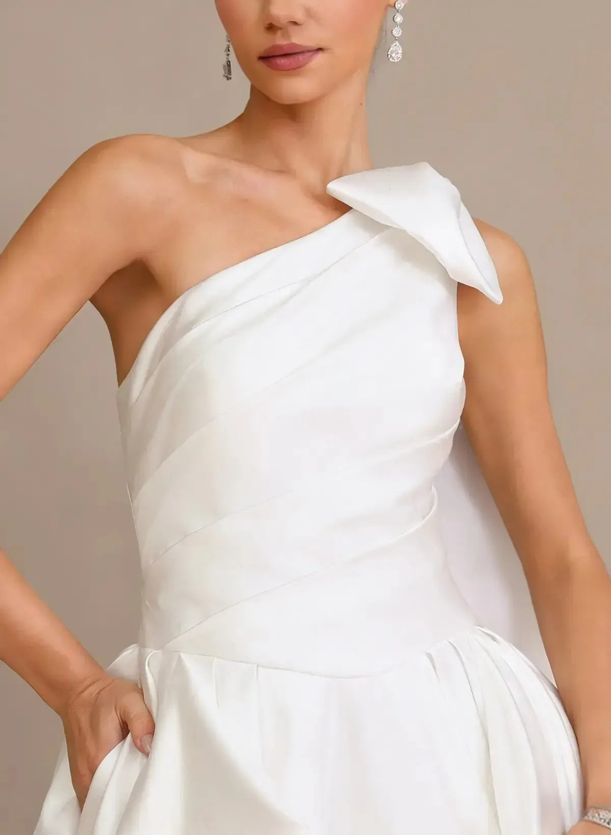 Ball Gown One Shoulder Sleeveless Chapel Train Satin Wedding Dress With Bow Swd13105