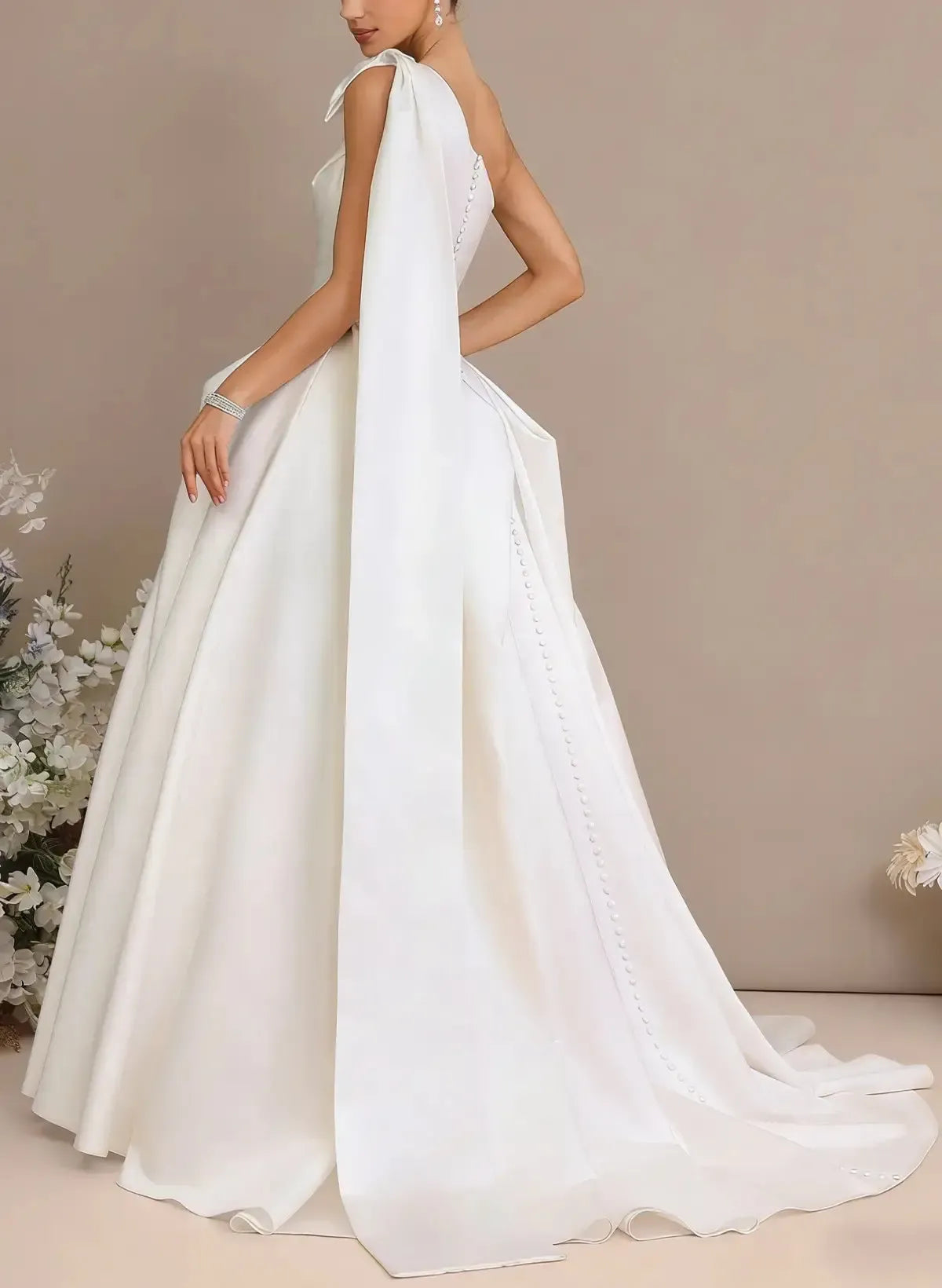 Ball Gown One Shoulder Sleeveless Chapel Train Satin Wedding Dress With Bow Swd13105