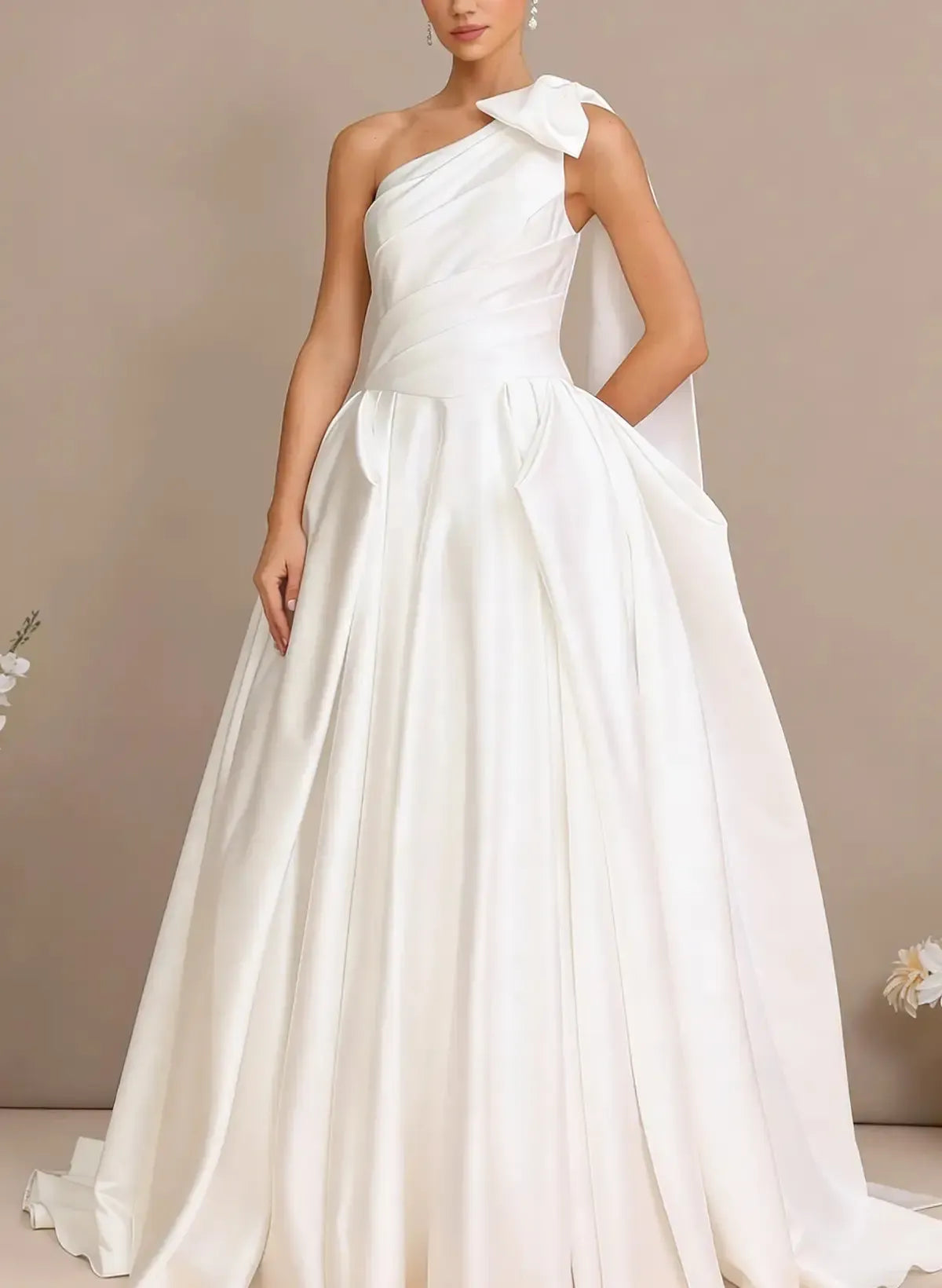 Ball Gown One Shoulder Sleeveless Chapel Train Satin Wedding Dress With Bow Swd13105