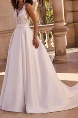 A Line V Neck Sleeveless Sweep Train Twill Satin Wedding Dresses With Appliques Swd13106
