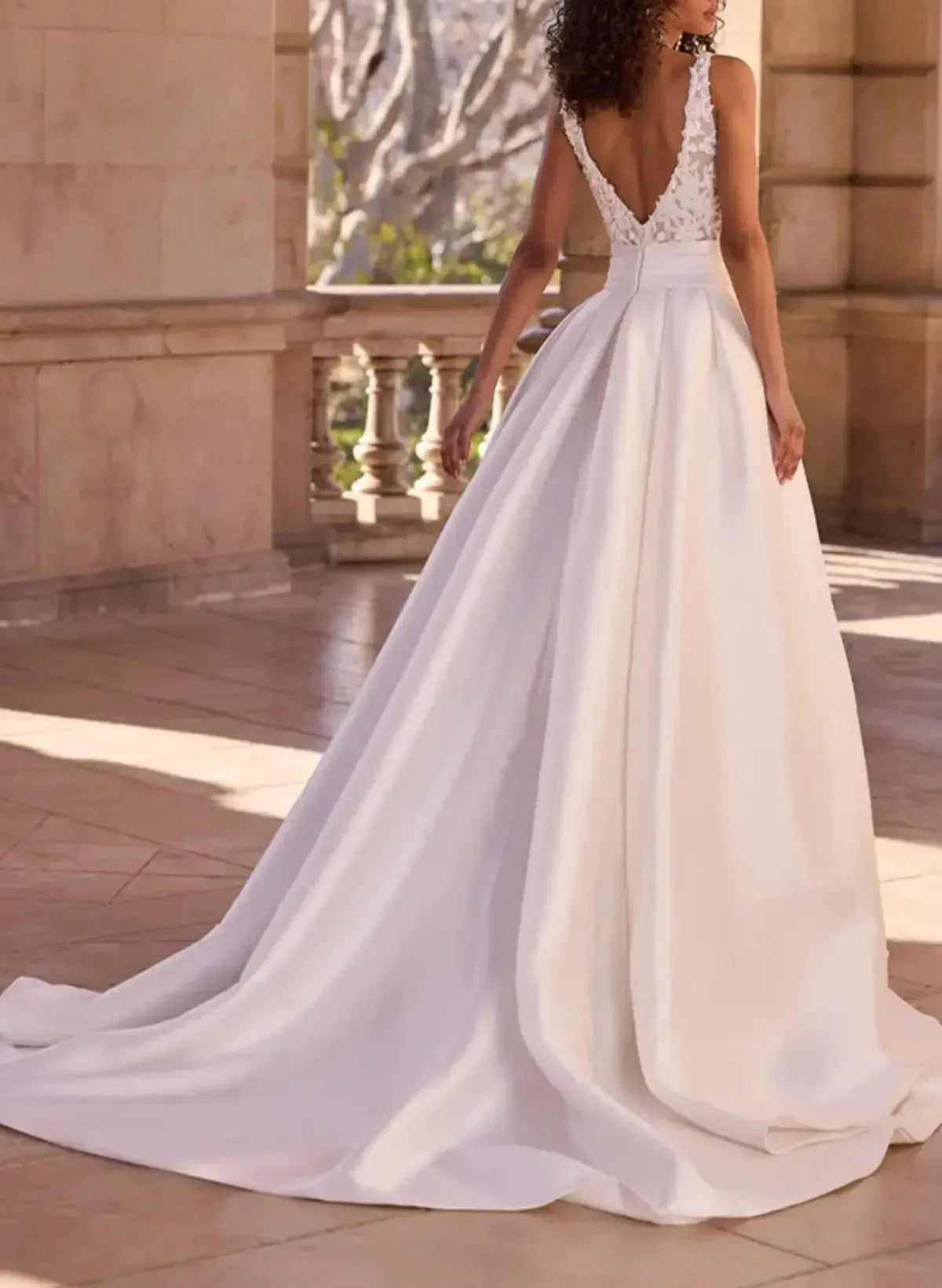 A Line V Neck Sleeveless Sweep Train Twill Satin Wedding Dresses With Appliques Swd13106