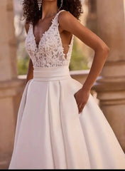 A Line V Neck Sleeveless Sweep Train Twill Satin Wedding Dresses With Appliques Swd13106