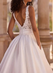 A Line V Neck Sleeveless Sweep Train Twill Satin Wedding Dresses With Appliques Swd13106
