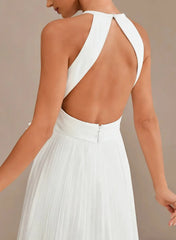 A Line Cowl Neck Sleeveless Sweep Train Chiffon With Bow S Pockets Wedding Dress Swd13110