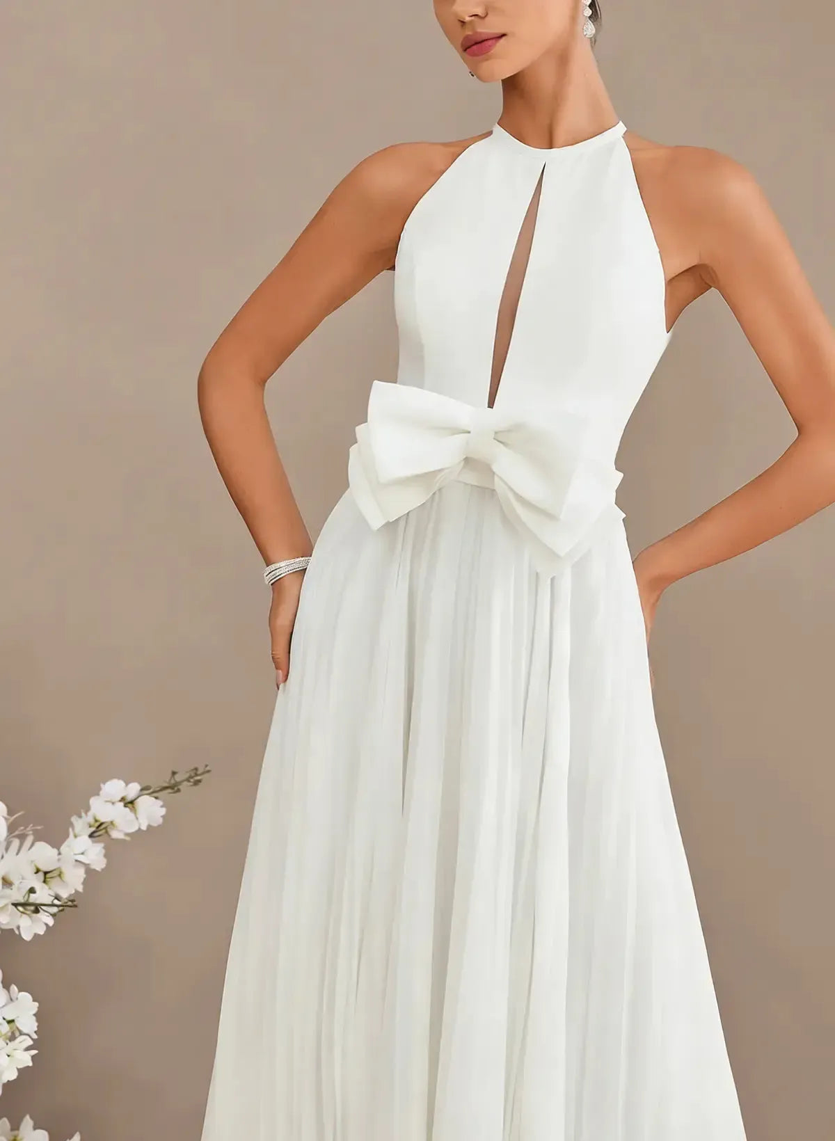 A Line Cowl Neck Sleeveless Sweep Train Chiffon With Bow S Pockets Wedding Dress Swd13110