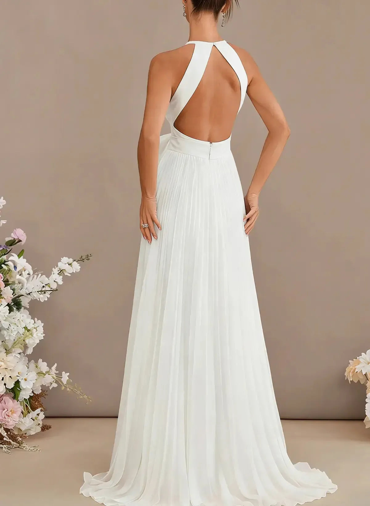 A Line Cowl Neck Sleeveless Sweep Train Chiffon With Bow S Pockets Wedding Dress Swd13110