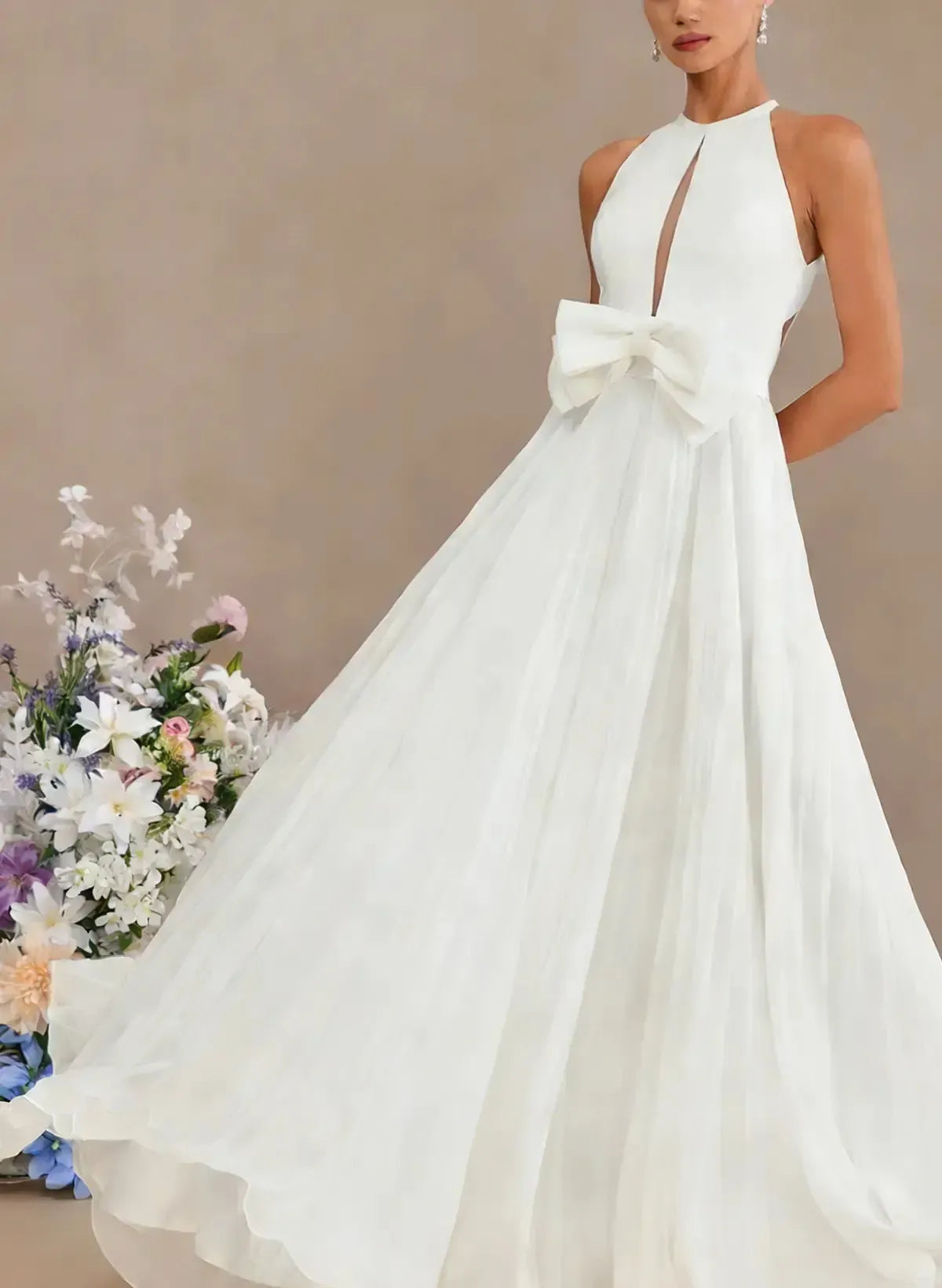 A Line Cowl Neck Sleeveless Sweep Train Chiffon With Bow S Pockets Wedding Dress Swd13110