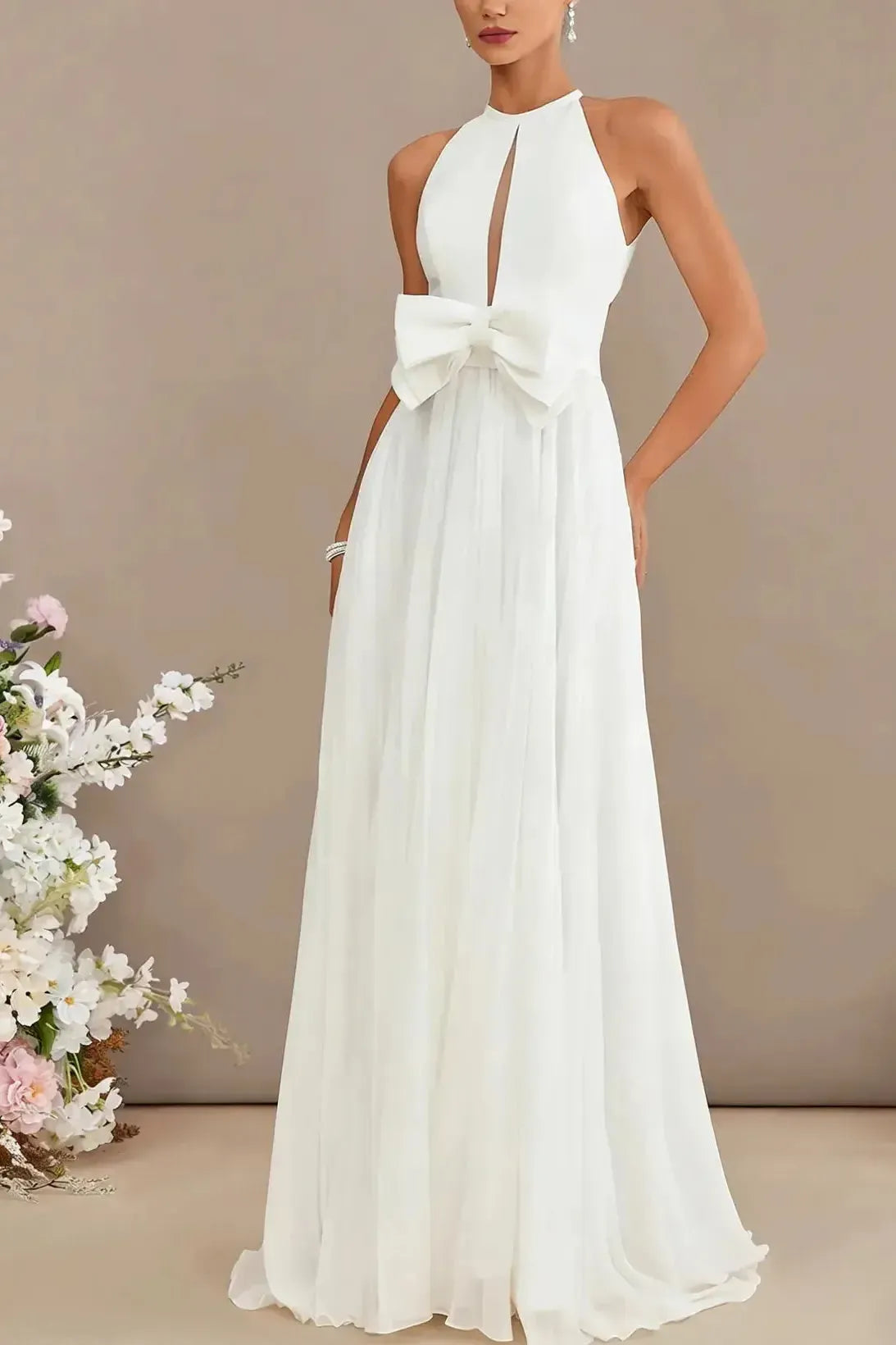 A Line Cowl Neck Sleeveless Sweep Train Chiffon With Bow S Pockets Wedding Dress Swd13110