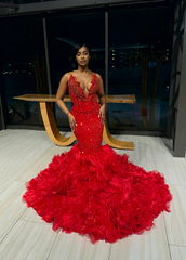 Red V-Neck Strapless Mermaid Beadings Prom Dress with Ruffles