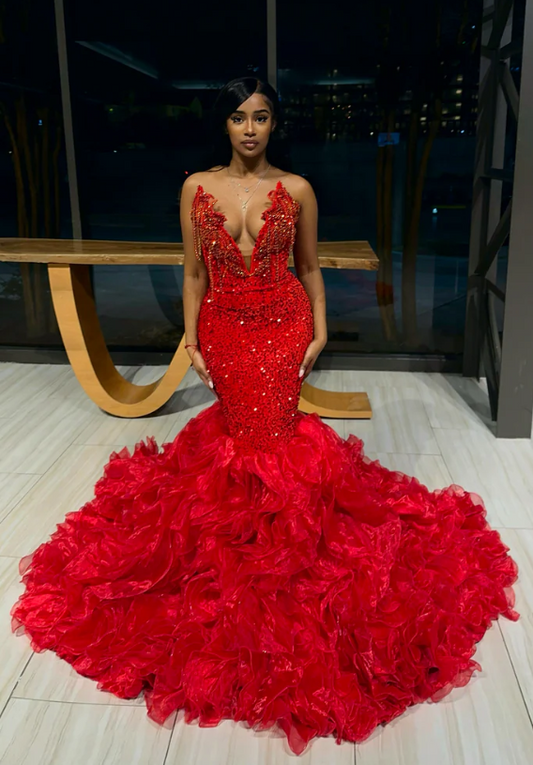 Red V-Neck Strapless Mermaid Beadings Prom Dress with Ruffles