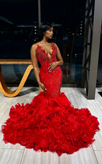 Red V-Neck Strapless Mermaid Beadings Prom Dress with Ruffles