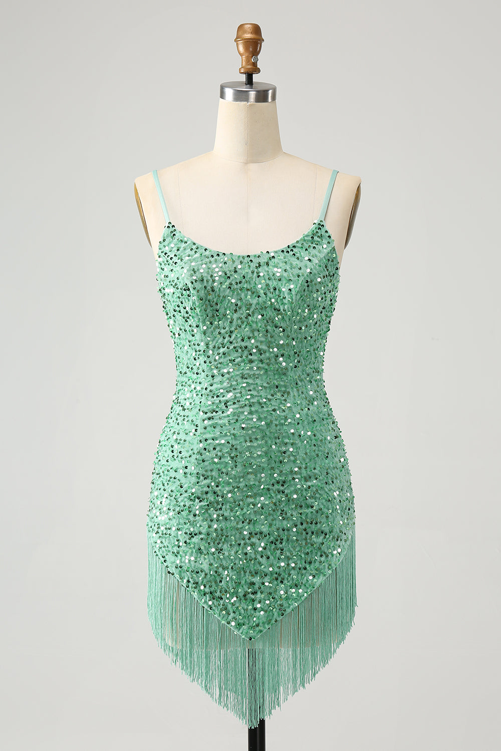 Sparkly Sage Sequins Short Tight Homecoming Dress With Fringes