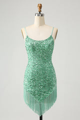 Sparkly Sage Sequins Short Tight Homecoming Dress With Fringes