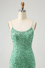 Sparkly Sage Sequins Short Tight Homecoming Dress With Fringes