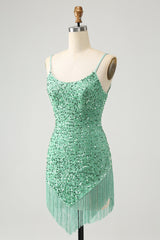 Sparkly Sage Sequins Short Tight Homecoming Dress With Fringes