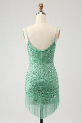 Sparkly Sage Sequins Short Tight Homecoming Dress With Fringes