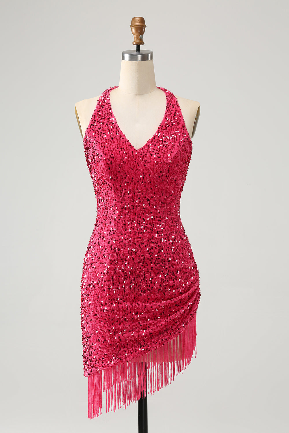 Sparkly Fuchsia Halter Neck Bodycon Sequin Short Homecoming Dress with Fringe