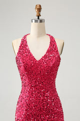 Sparkly Fuchsia Sequins Halter Tight Short Homecoming Dress With Fringes