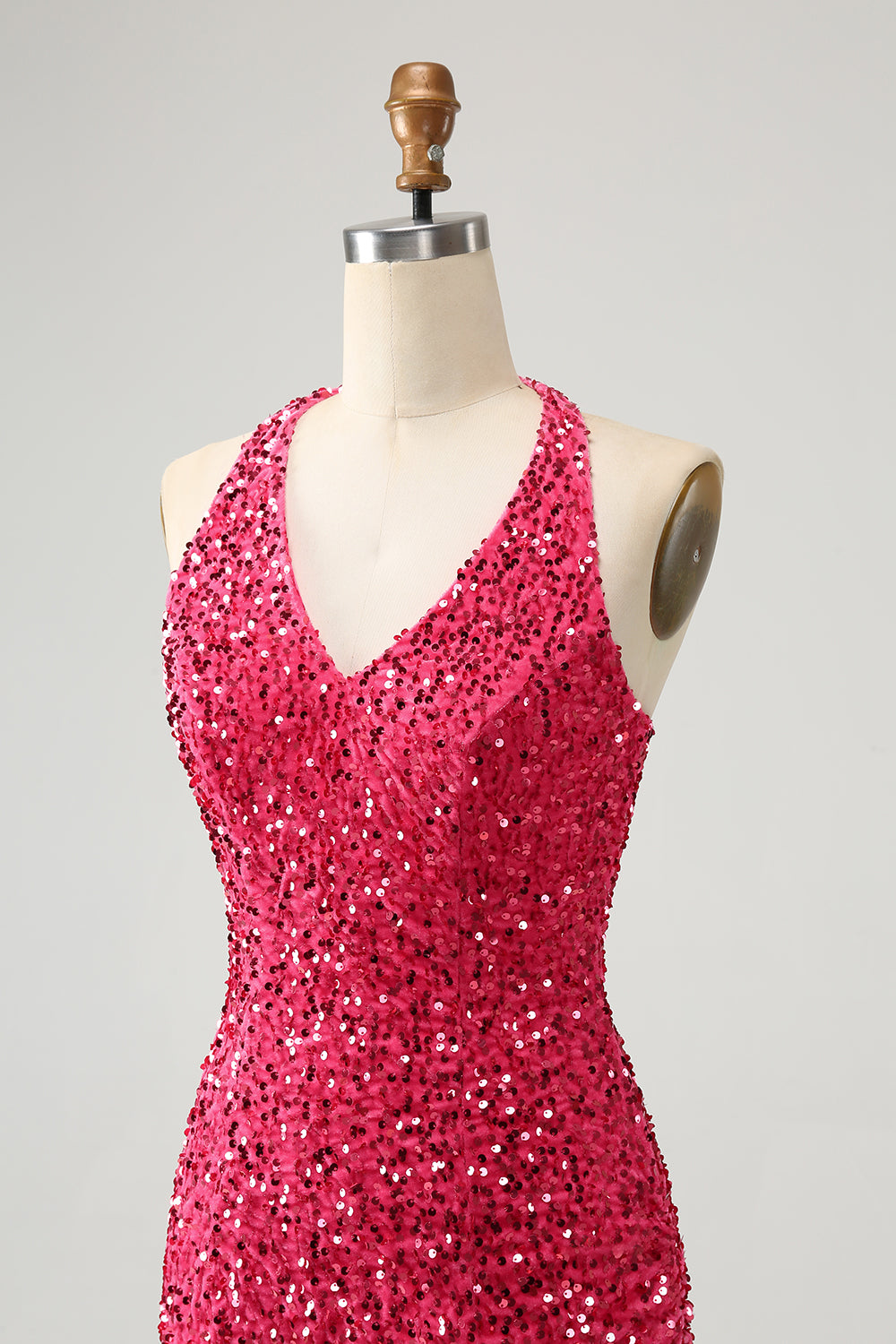 Sparkly Fuchsia Sequins Halter Tight Short Homecoming Dress With Fringes