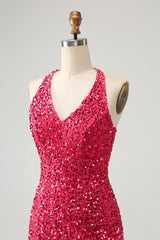 Sparkly Fuchsia Sequins Halter Tight Short Homecoming Dress With Fringes