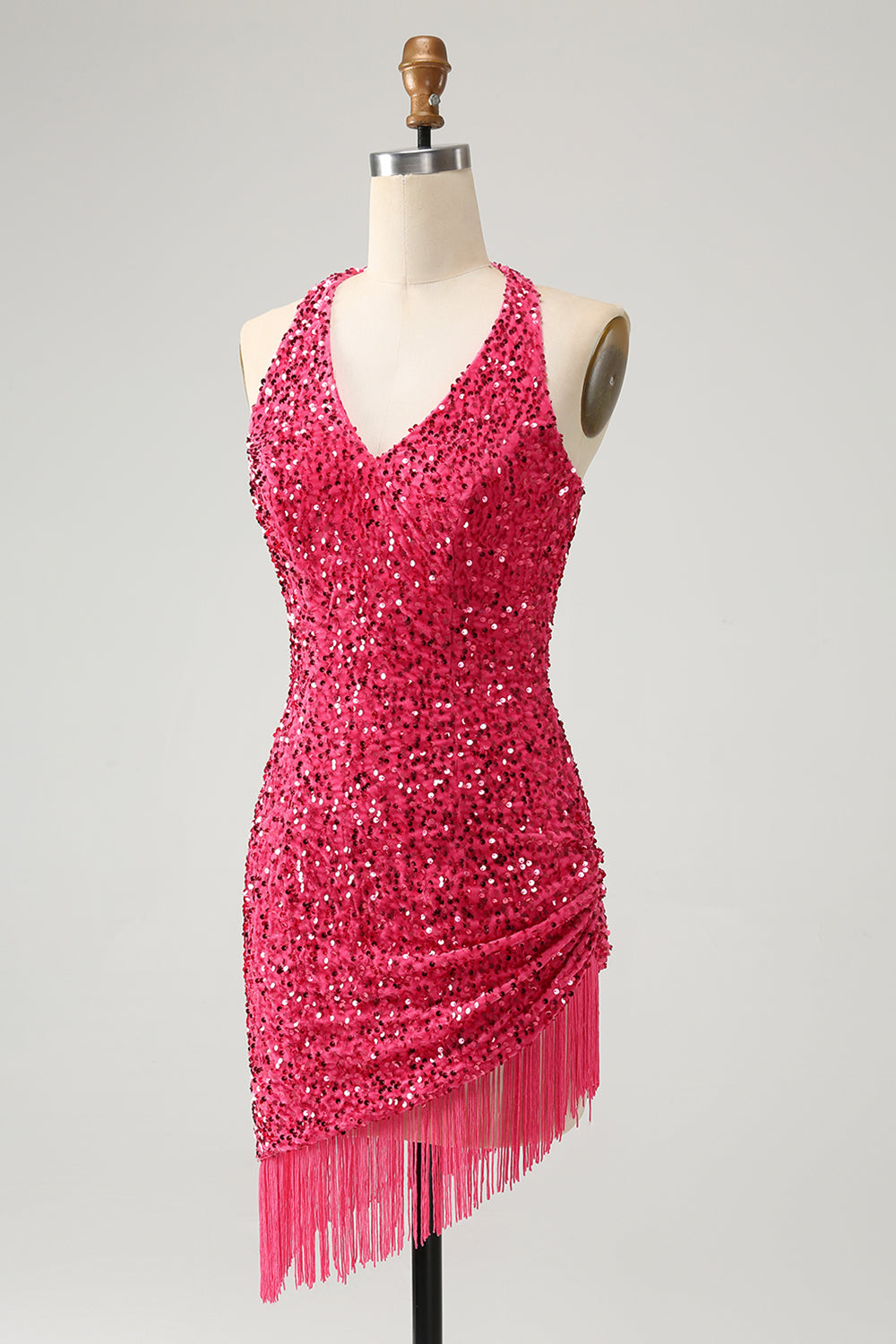 Sparkly Fuchsia Sequins Halter Tight Short Homecoming Dress With Fringes