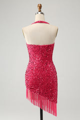 Sparkly Fuchsia Sequins Halter Tight Short Homecoming Dress With Fringes