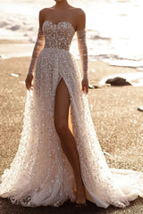 A Line Sweetheart Detachable Sleeves Court Train Lace Wedding Dresses With Appliques Lace High Split Swd13116