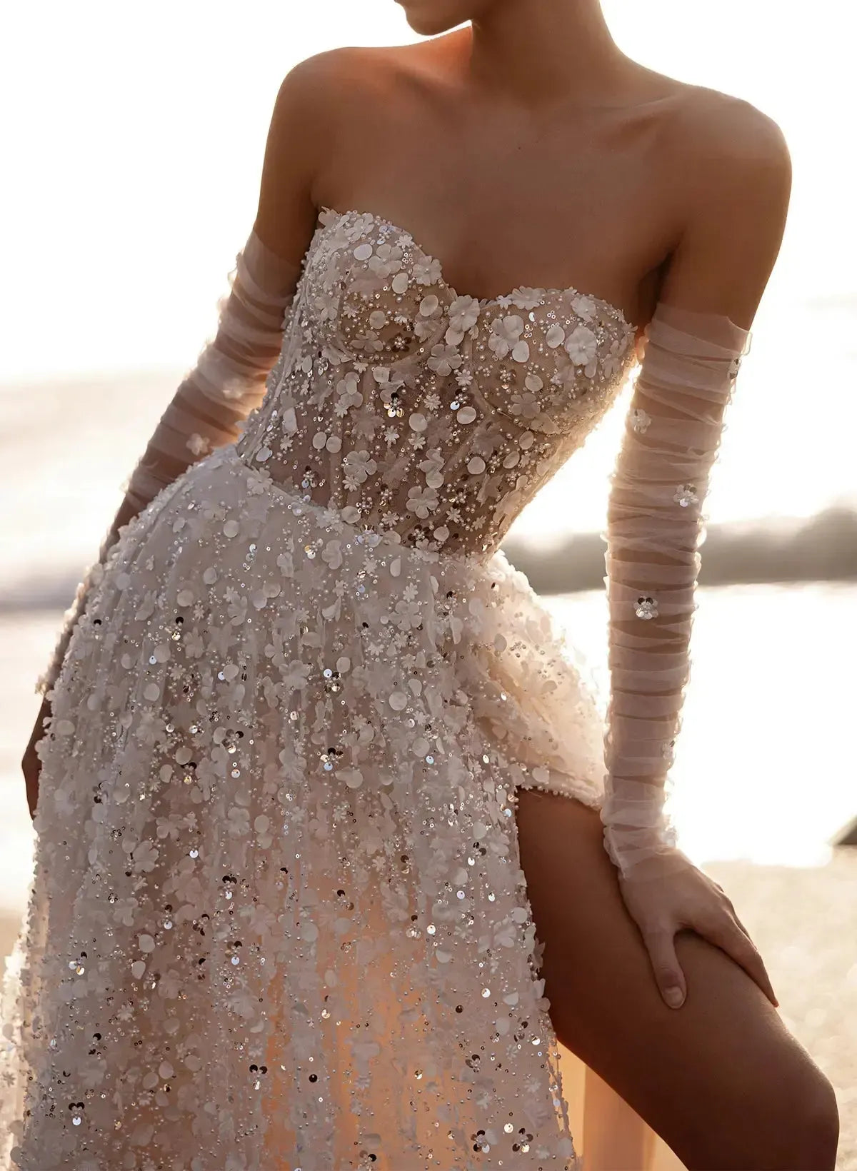 A Line Sweetheart Detachable Sleeves Court Train Lace Wedding Dresses With Appliques Lace High Split Swd13116