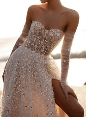 A Line Sweetheart Detachable Sleeves Court Train Lace Wedding Dresses With Appliques Lace High Split Swd13116