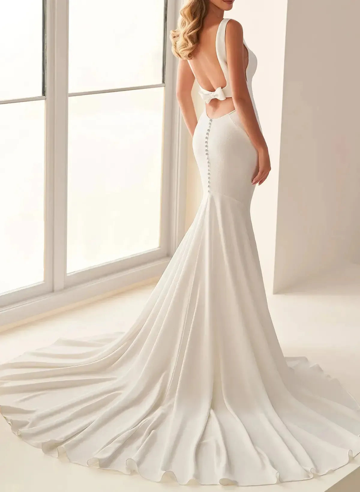 Trumpet Mermaid Square Neckline Sleeveless Court Train Crepe Satin Wedding Dresses With Bow S Swd13118