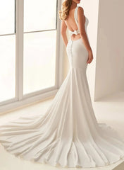 Trumpet Mermaid Square Neckline Sleeveless Court Train Crepe Satin Wedding Dresses With Bow S Swd13118