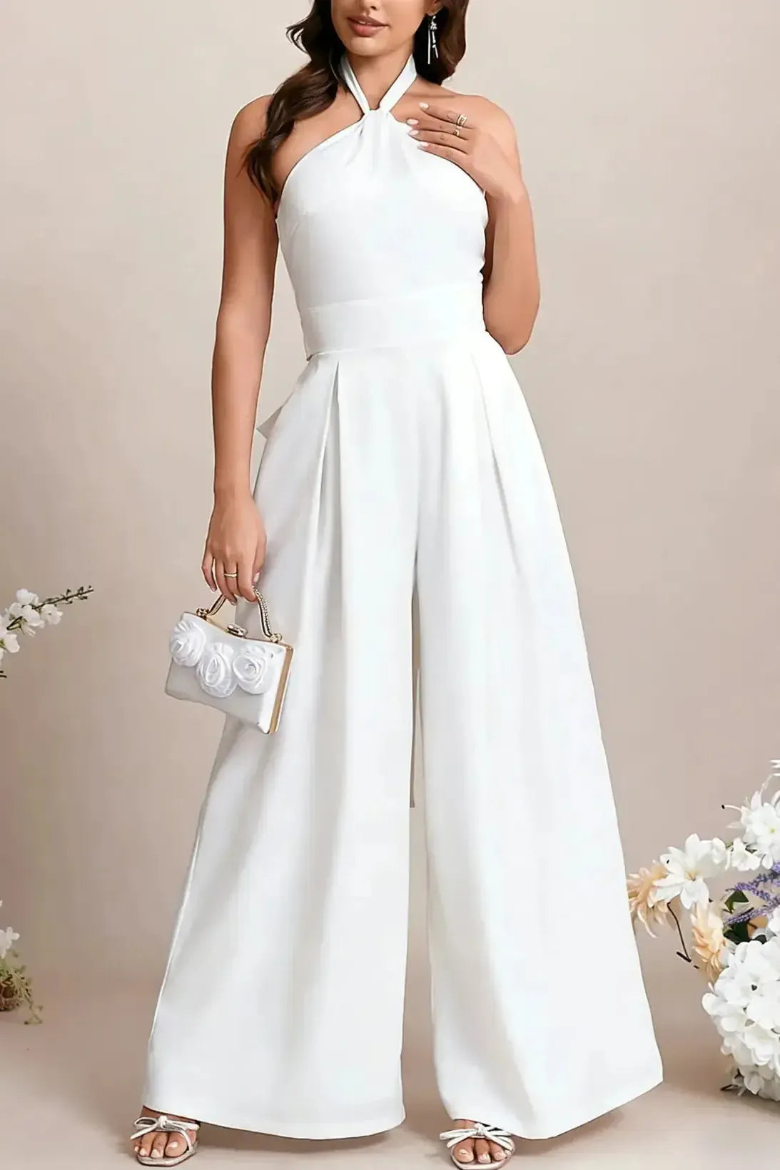 Jumpsuit Pantsuit Halter Sleeveless Floor Length Elastic Satin With Bow Bride Wedding Dress Swd13119