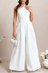Jumpsuit Pantsuit Halter Sleeveless Floor Length Elastic Satin With Bow Bride Wedding Dress Swd13119