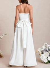 Jumpsuit Pantsuit Halter Sleeveless Floor Length Elastic Satin With Bow Bride Wedding Dress Swd13119