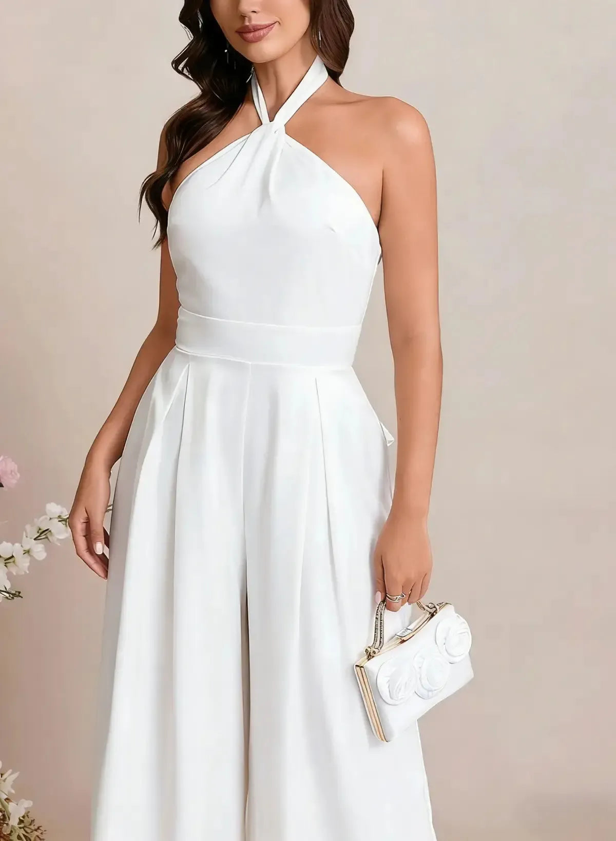 Jumpsuit Pantsuit Halter Sleeveless Floor Length Elastic Satin With Bow Bride Wedding Dress Swd13119