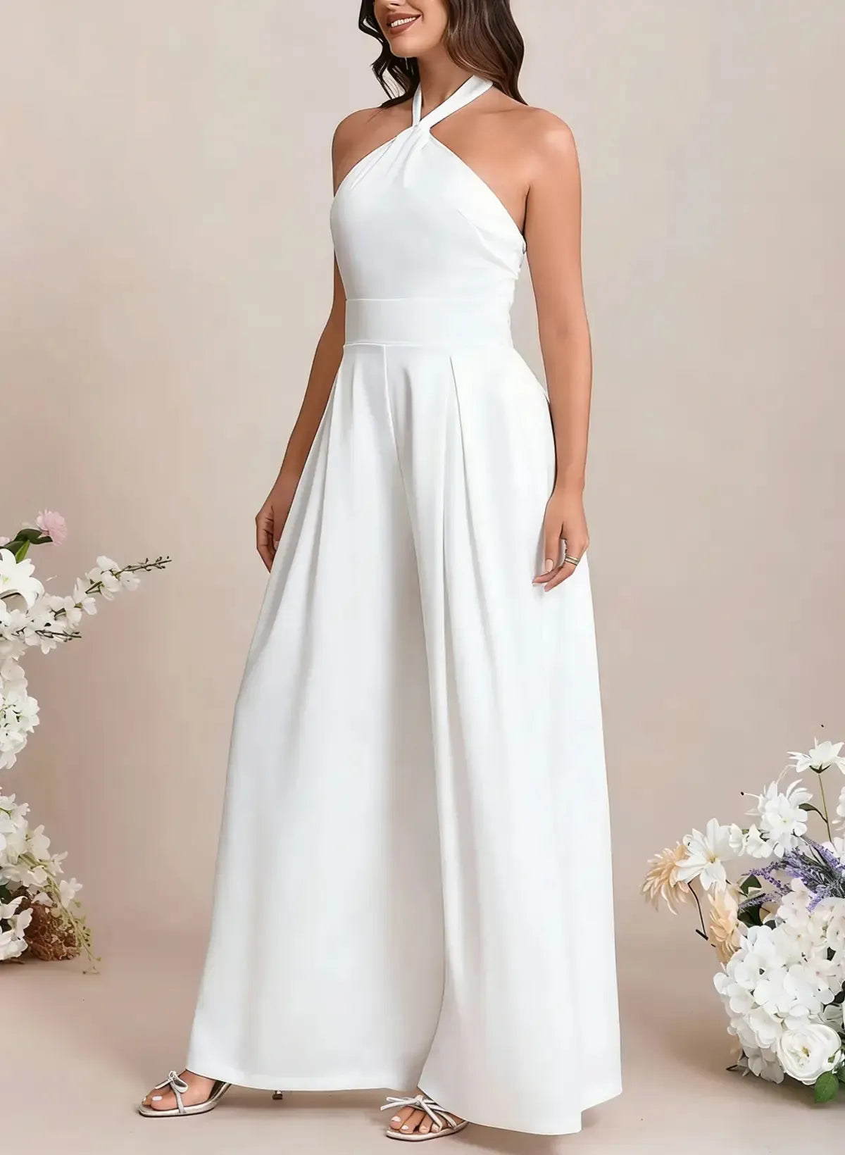 Jumpsuit Pantsuit Halter Sleeveless Floor Length Elastic Satin With Bow Bride Wedding Dress Swd13119