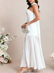 A Line Strapless Sleeveless Floor Length Chiffon Elastic Satin Bride Wedding Dress Swd13121