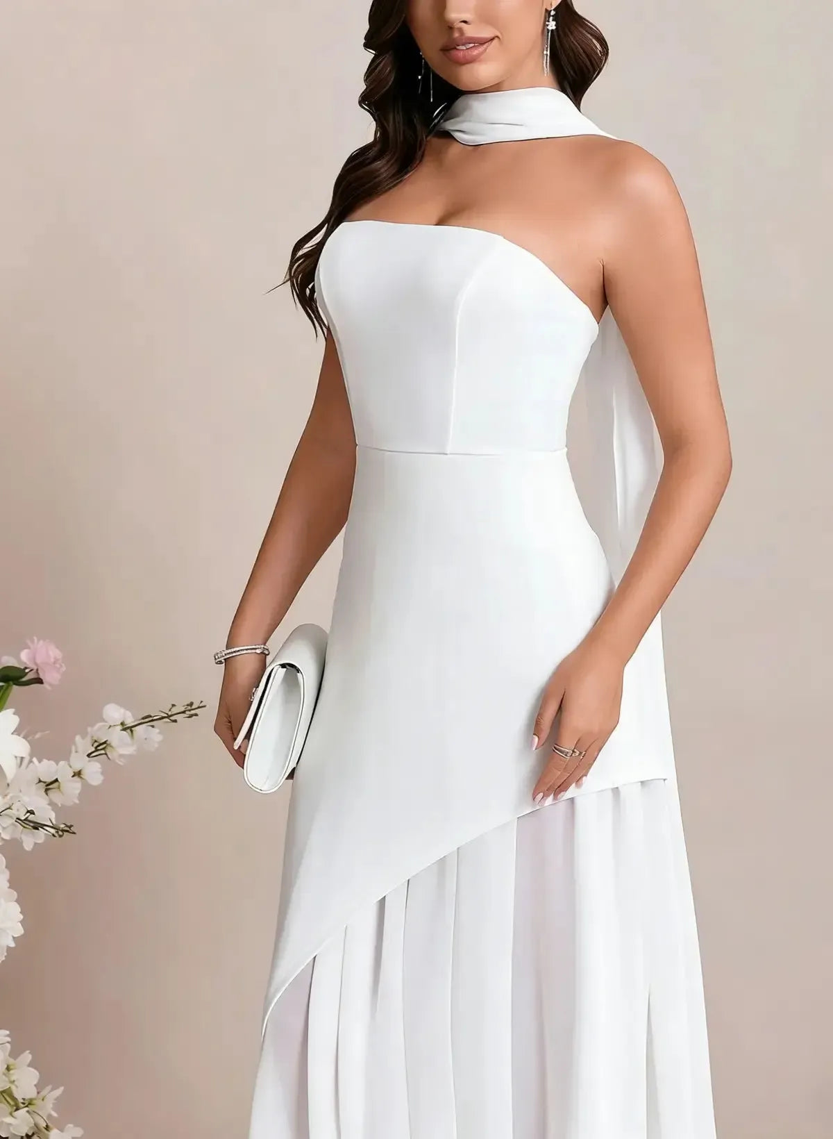 A Line Strapless Sleeveless Floor Length Chiffon Elastic Satin Bride Wedding Dress Swd13121