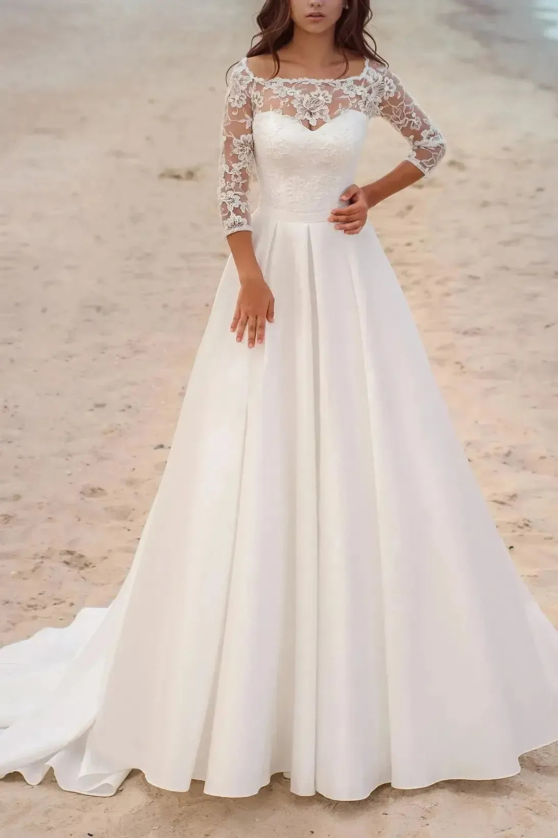 A Line Illusion Neck 3 4 Sleeves Court Train Satin Wedding Dresses With Appliques Lace Swd13123