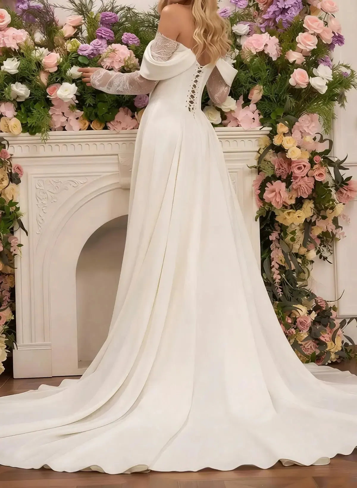 A Line Off The Shoulder Long Sleeves Court Train Lace Wedding Dresses With Split Front Swd13129