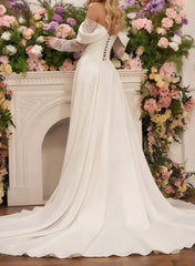 A Line Off The Shoulder Long Sleeves Court Train Lace Wedding Dresses With Split Front Swd13129