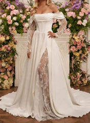 A Line Off The Shoulder Long Sleeves Court Train Lace Wedding Dresses With Split Front Swd13129