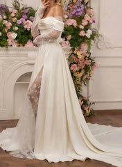 A Line Off The Shoulder Long Sleeves Court Train Lace Wedding Dresses With Split Front Swd13129