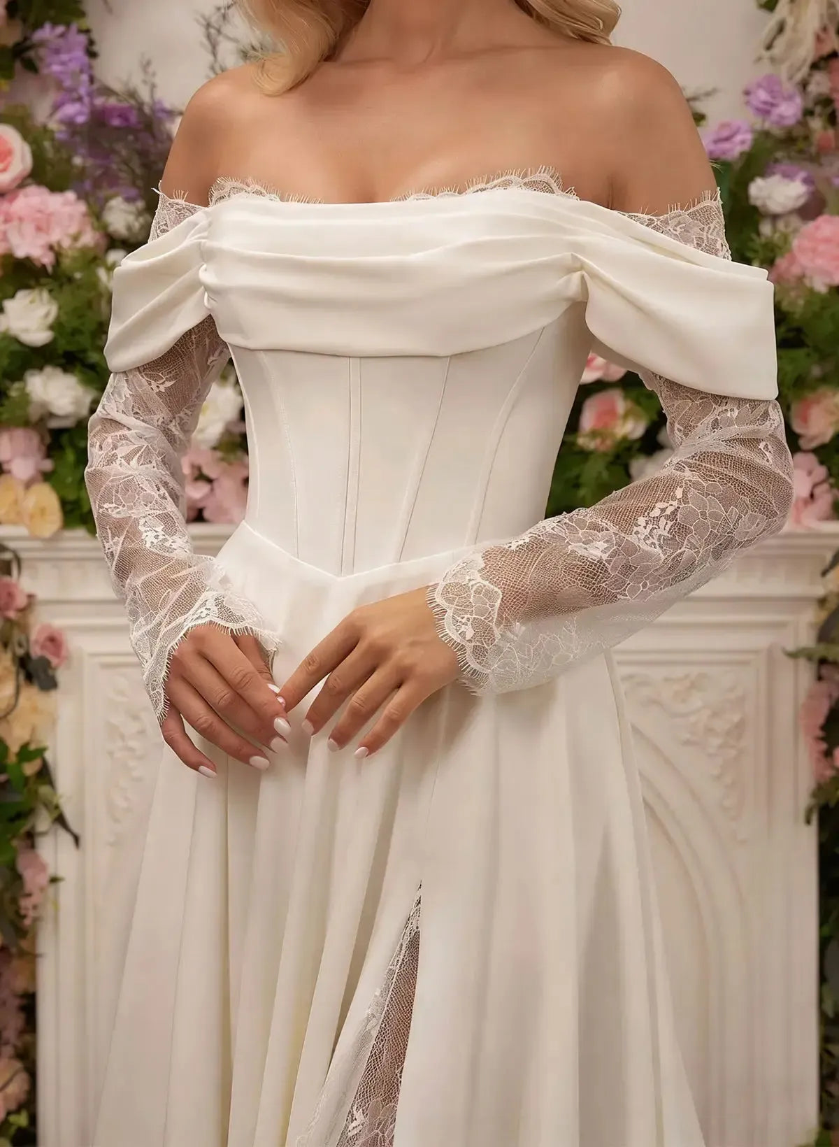 A Line Off The Shoulder Long Sleeves Court Train Lace Wedding Dresses With Split Front Swd13129