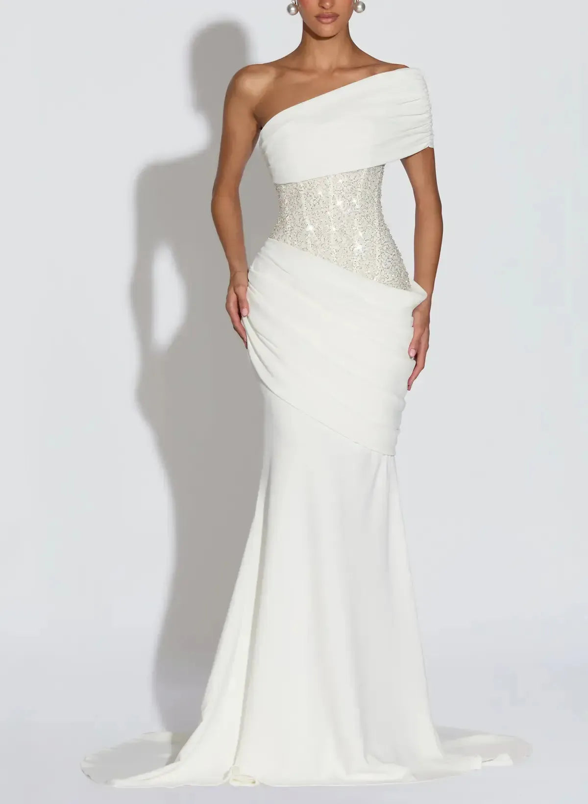 Trumpet Mermaid One Shoulder Sleeveless Sweep Train Elastic Satin With Beading Bride Wedding Dress Swd13134