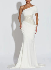 Trumpet Mermaid One Shoulder Sleeveless Sweep Train Elastic Satin With Beading Bride Wedding Dress Swd13134