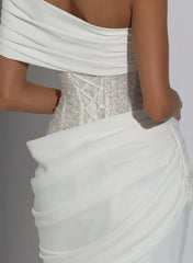 Trumpet Mermaid One Shoulder Sleeveless Sweep Train Elastic Satin With Beading Bride Wedding Dress Swd13134