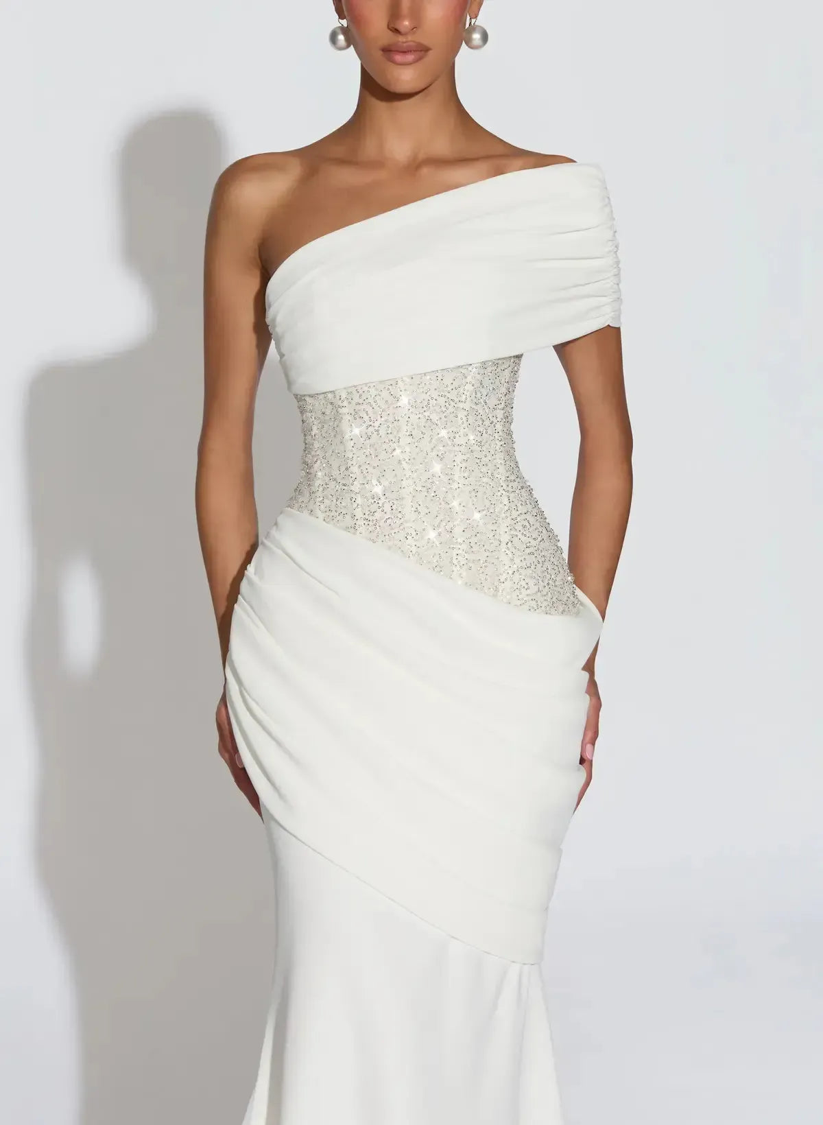 Trumpet Mermaid One Shoulder Sleeveless Sweep Train Elastic Satin With Beading Bride Wedding Dress Swd13134