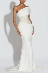 Trumpet Mermaid One Shoulder Sleeveless Sweep Train Elastic Satin With Beading Bride Wedding Dress Swd13134